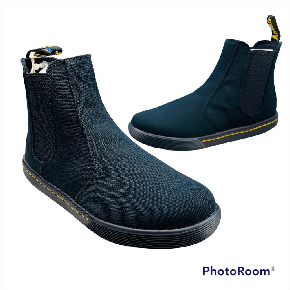 Dr. Martens Doc Martens Chelsea Black Canvas Pull On Ankle Boot Yellow Stitch 8